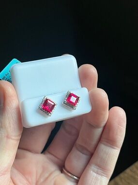 Silver 925 Square Ruby Red Stud Earrings -